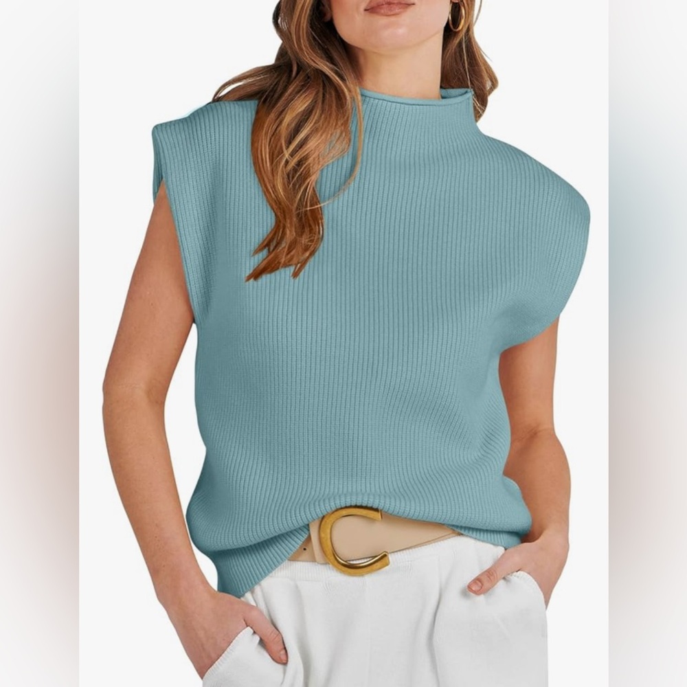 Blue Green Ribbed Sleeveless Sweater Muscle Tee